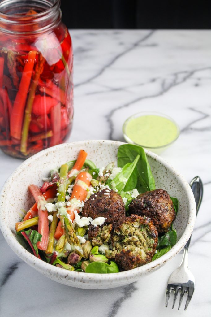 Spring Falafel Salad - with Carrot and Asparagus Pickles, Feta Cheese, Pistachios, and Herb Aioli {Katie at the Kitchen Door}