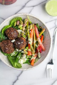 Spring Falafel Salad - with Carrot and Asparagus Pickles, Feta Cheese, Pistachios, and Herb Aioli {Katie at the Kitchen Door}