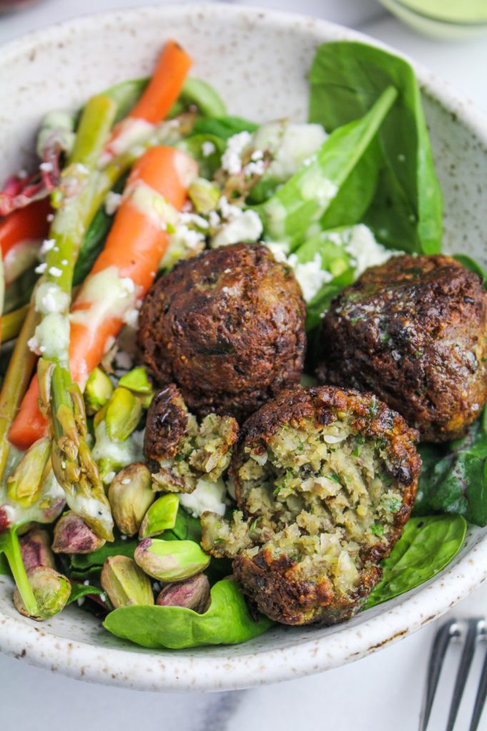 Spring Falafel Salad - with Carrot and Asparagus Pickles, Feta Cheese, Pistachios, and Herb Aioli {Katie at the Kitchen Door}