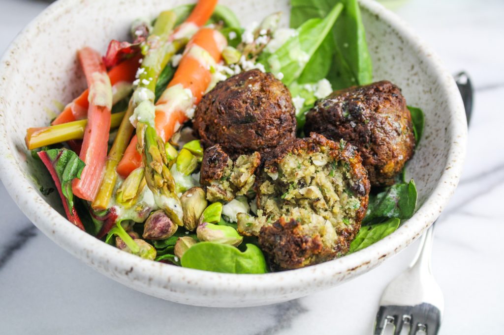 Spring Falafel Salad - with Carrot and Asparagus Pickles, Feta Cheese, Pistachios, and Herb Aioli {Katie at the Kitchen Door}