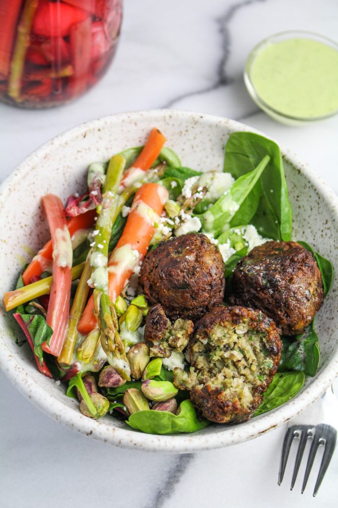 Spring Falafel Salad - with Carrot and Asparagus Pickles, Feta Cheese, Pistachios, and Herb Aioli {Katie at the Kitchen Door}