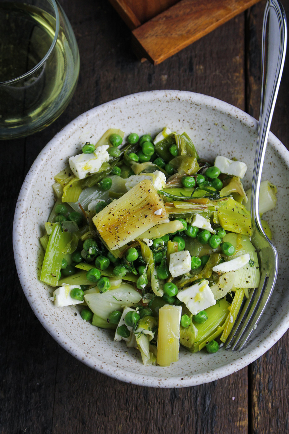 Olive-Oil Braised Leeks and Peas with Feta and Dill - Sunday Dinner: Easter Edition {Katie at the Kitchen Door}