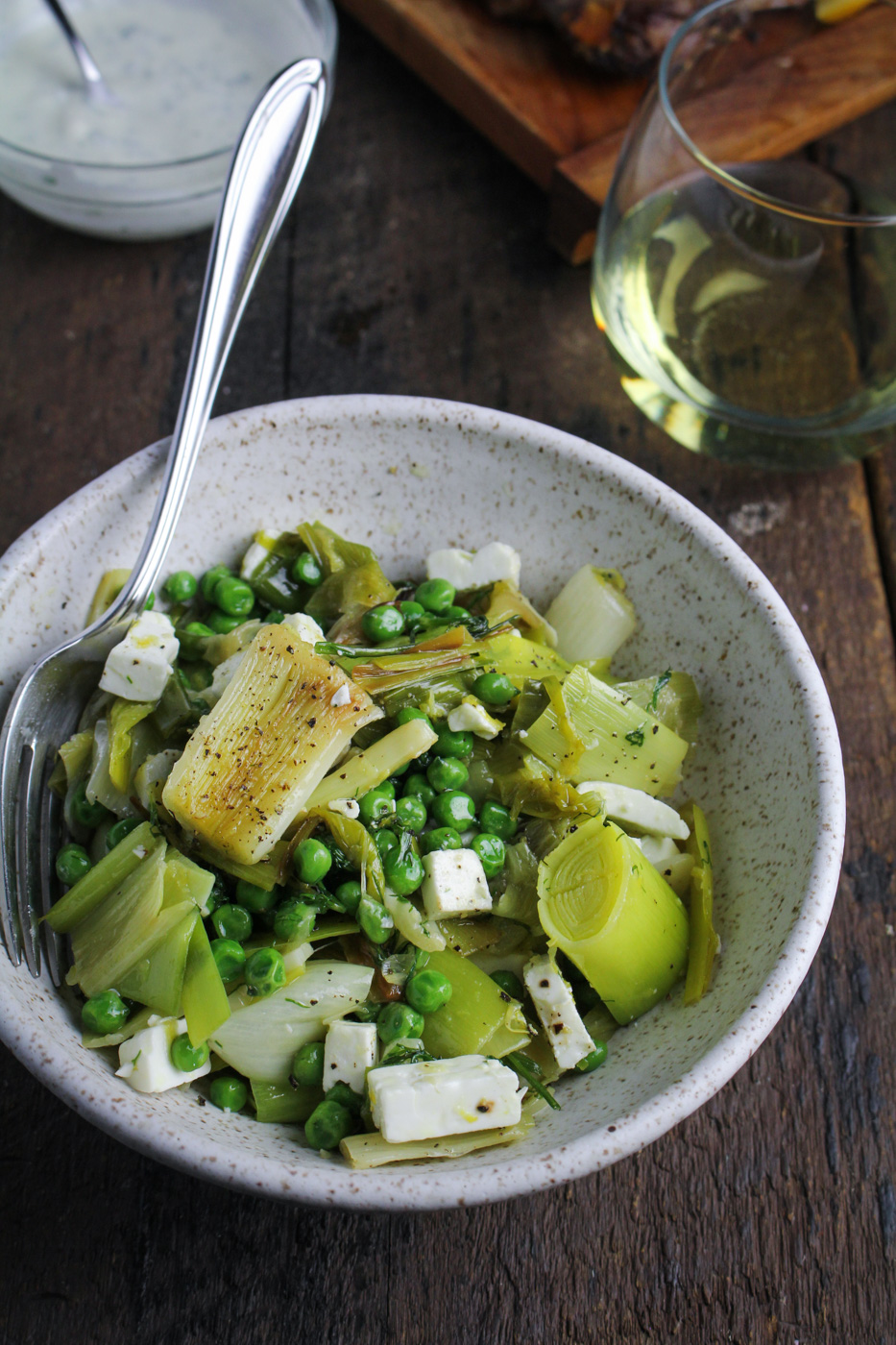 Olive-Oil Braised Leeks and Peas with Feta and Dill - Sunday Dinner: Easter Edition {Katie at the Kitchen Door}