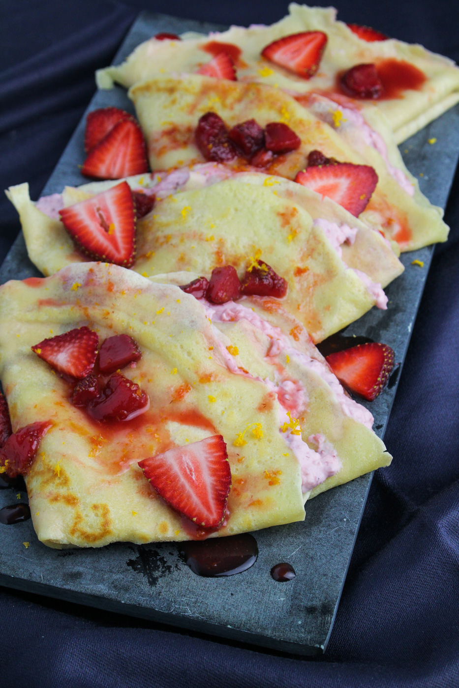 Strawberry and Meyer Lemon Crepes - filled with Strawberry Mascarpone Cream {Katie at the Kitchen Door}