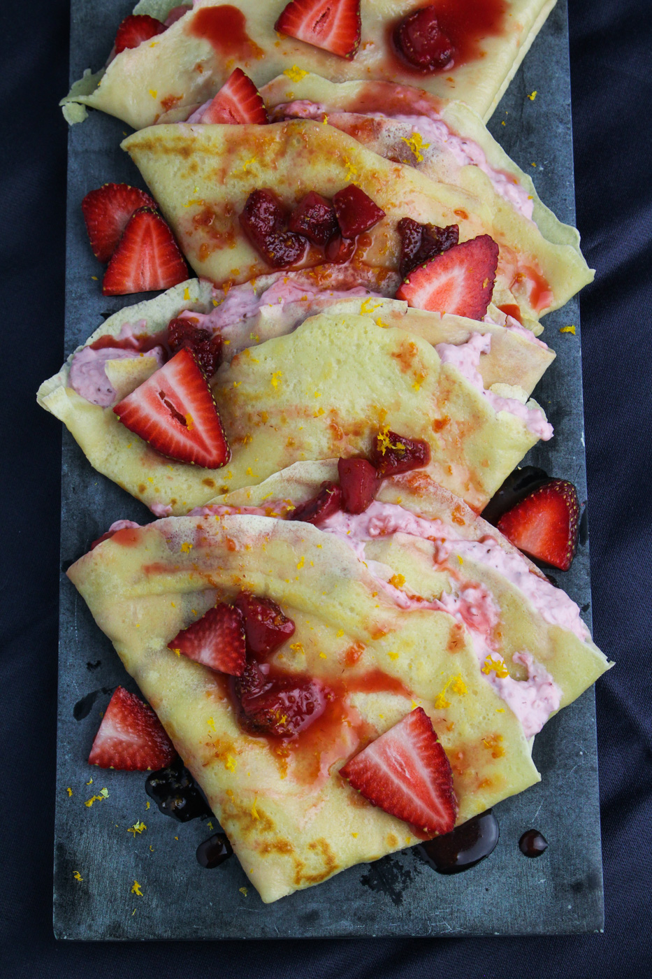 Strawberry and Meyer Lemon Crepes - filled with Strawberry Mascarpone Cream {Katie at the Kitchen Door}