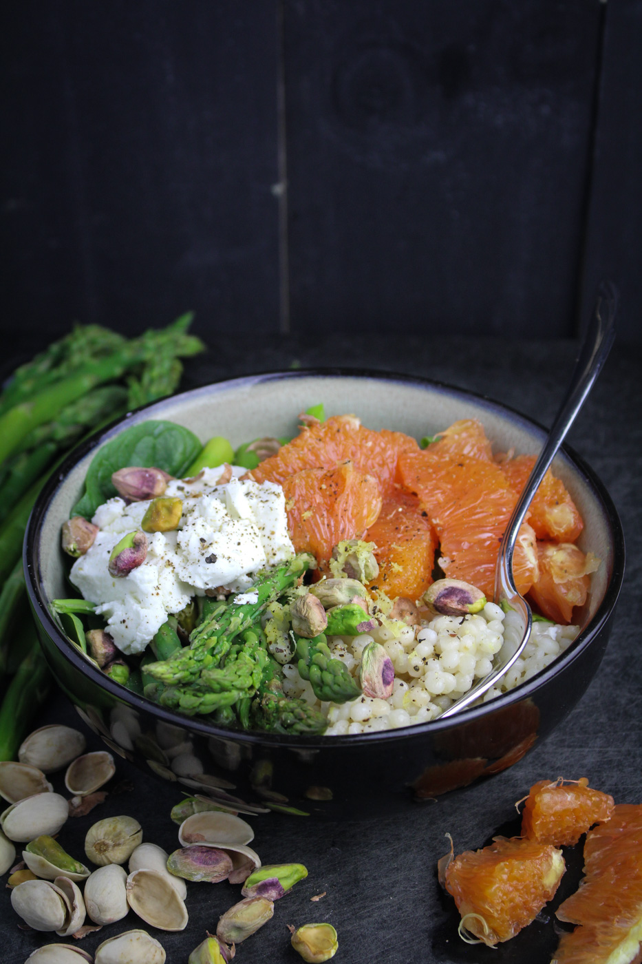 Lemony Israeli Couscous with Asparagus, Oranges, and Goat Cheese {Katie at the Kitchen Door}