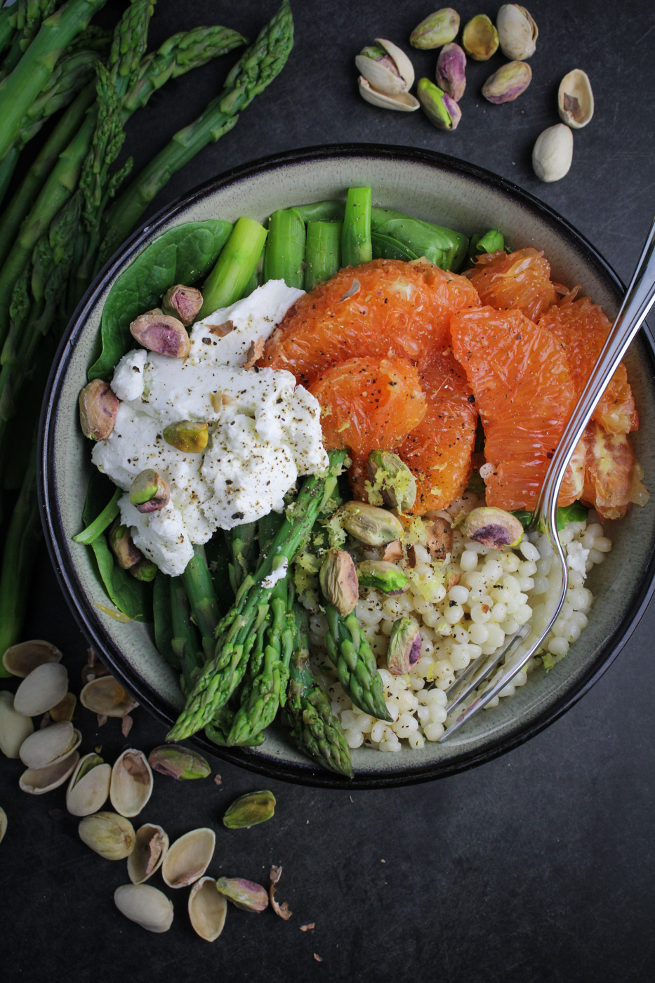 Lemony Israeli Couscous with Asparagus, Oranges, and Goat Cheese {Katie at the Kitchen Door}