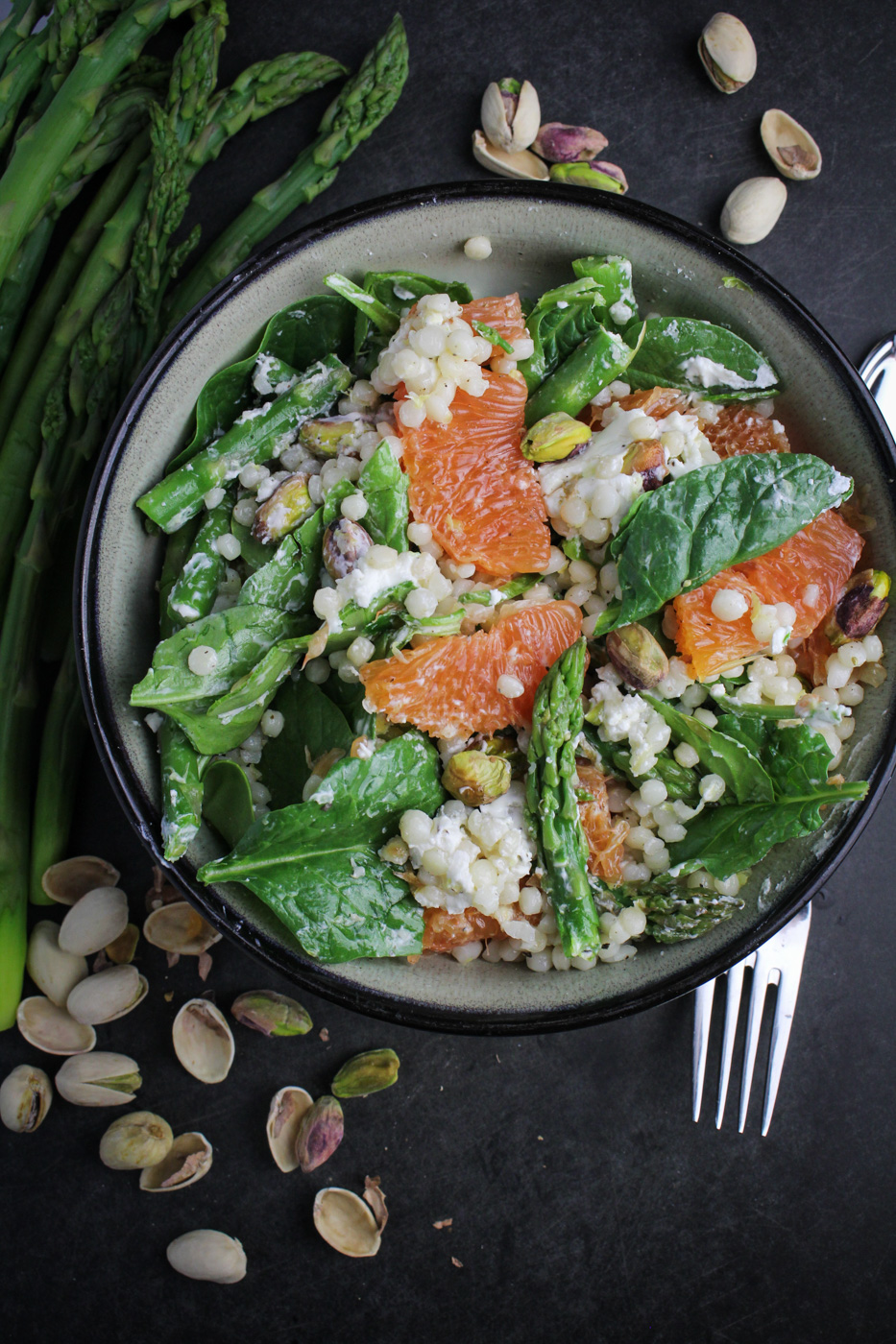 Lemony Israeli Couscous with Asparagus, Oranges, and Goat Cheese {Katie at the Kitchen Door}