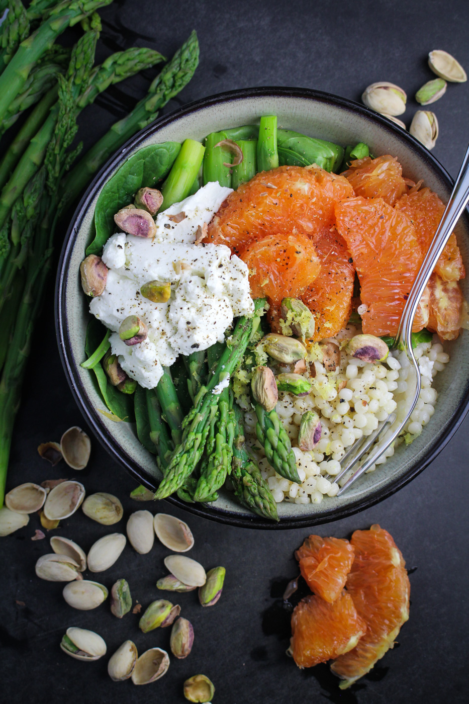 Lemony Israeli Couscous with Asparagus, Oranges, and Goat Cheese {Katie at the Kitchen Door}