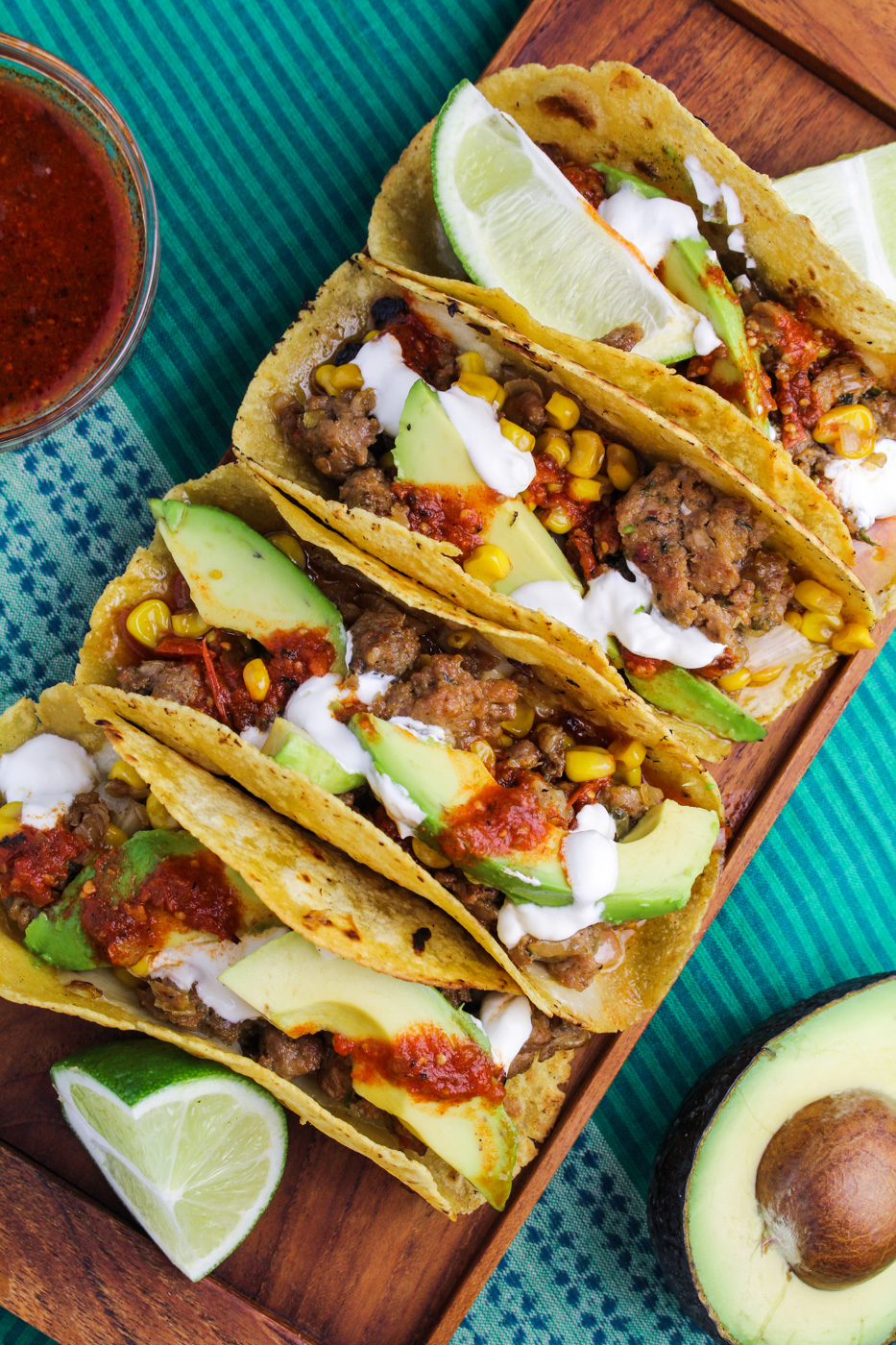 Corn and Chorizo Tacos with Avocado, Cheddar, Sour Cream and Salsa {Katie at the Kitchen Door}
