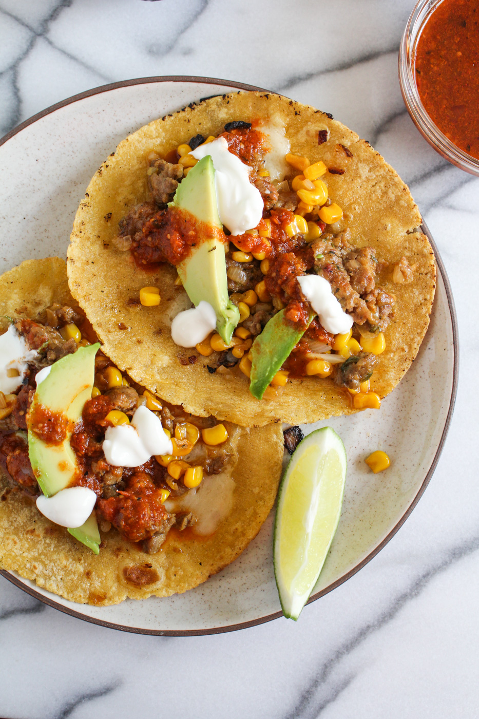 Corn and Chorizo Tacos with Avocado, Cheddar, Sour Cream and Salsa {Katie at the Kitchen Door}