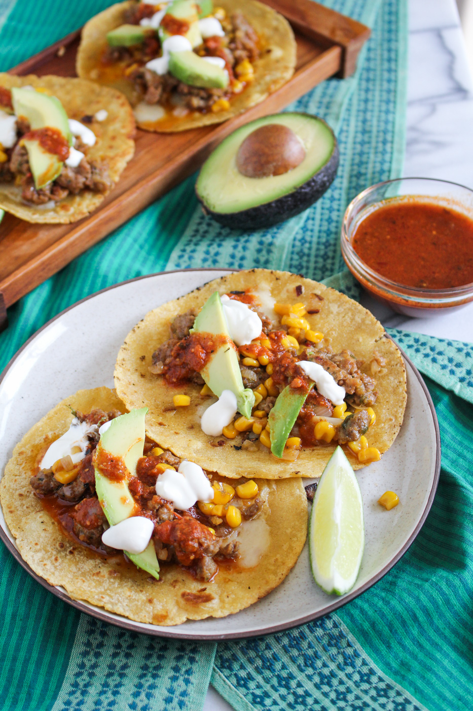 Corn and Chorizo Tacos with Avocado, Cheddar, Sour Cream and Salsa {Katie at the Kitchen Door}