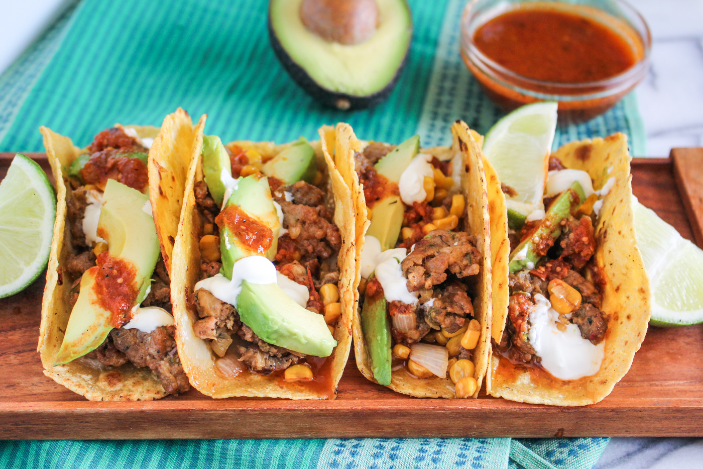 Corn and Chorizo Tacos with Avocado, Cheddar, Sour Cream and Salsa {Katie at the Kitchen Door}