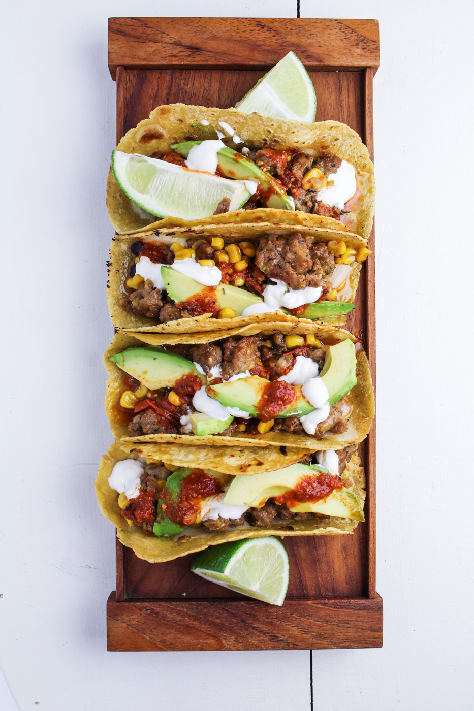 Corn and Chorizo Tacos with Avocado, Cheddar, Sour Cream and Salsa {Katie at the Kitchen Door}