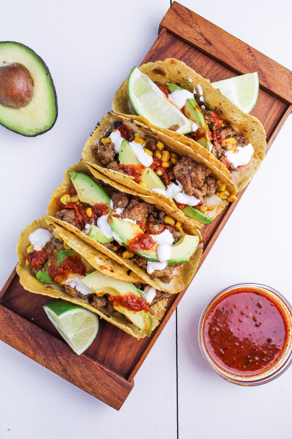 Corn and Chorizo Tacos with Avocado, Cheddar, Sour Cream and Salsa {Katie at the Kitchen Door}