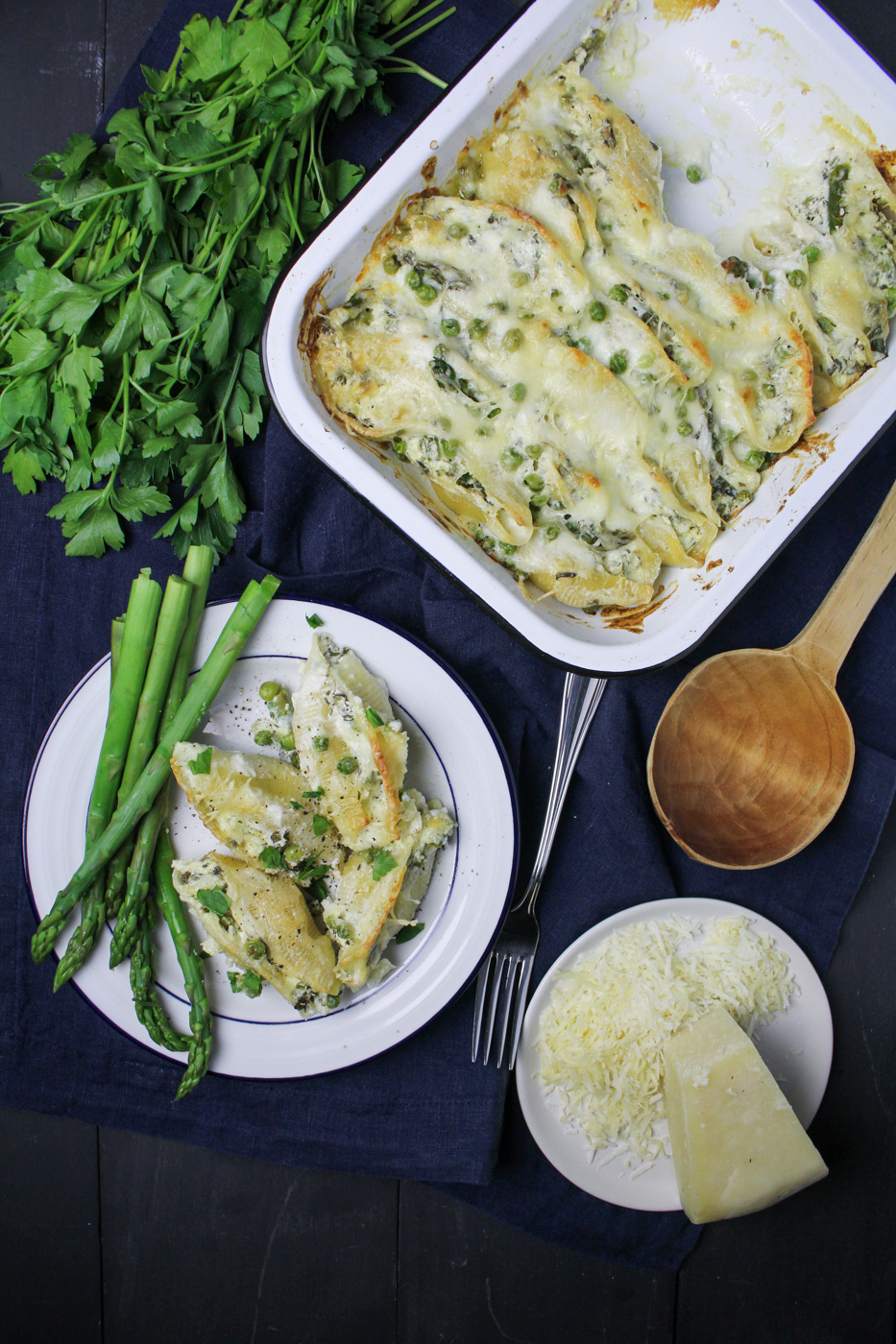Goat Cheese Stuffed Shells with Asparagus and Peas {Katie at the Kitchen Door}