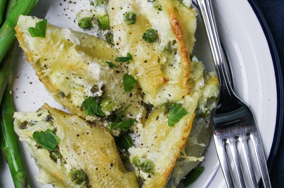 Goat Cheese Stuffed Shells with Peas and Asparagus