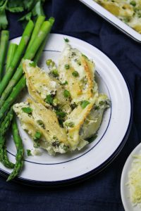 Goat Cheese Stuffed Shells with Asparagus and Peas {Katie at the Kitchen Door}