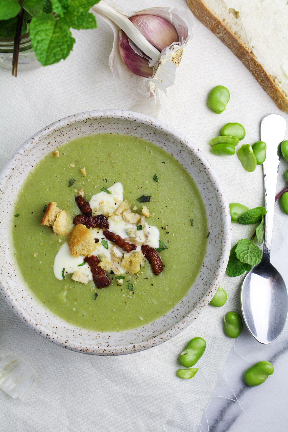 Fava Bean Soup with Mascarpone, Mint, and Pancetta {Katie at the Kitchen Door}