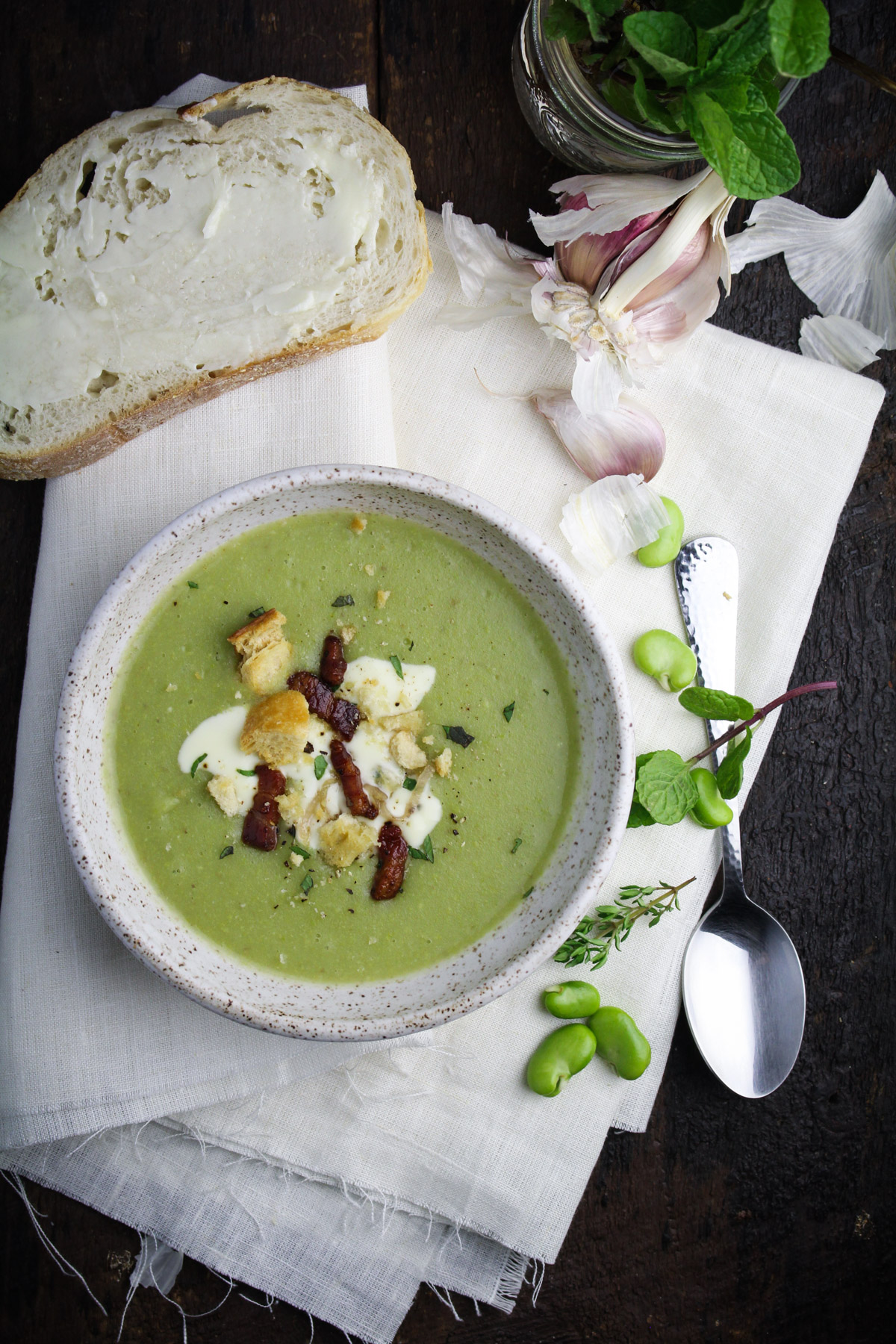 Fava Bean Soup with Mascarpone, Mint, and Pancetta {Katie at the Kitchen Door}