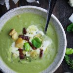 Fava Bean Soup with Mascarpone, Mint, and Pancetta {Katie at the Kitchen Door}