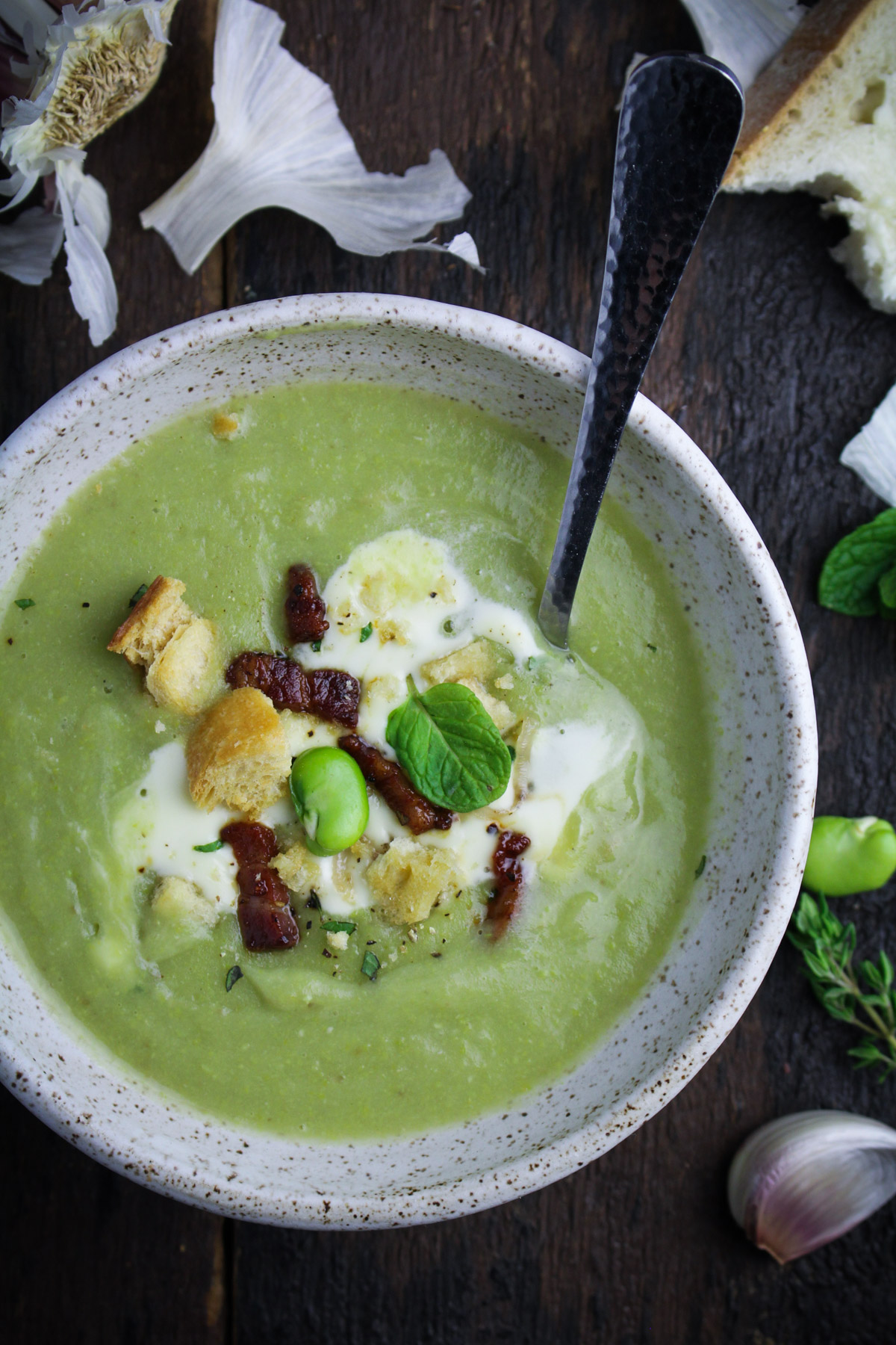 Fava Bean Soup with Mascarpone, Mint, and Pancetta {Katie at the Kitchen Door}