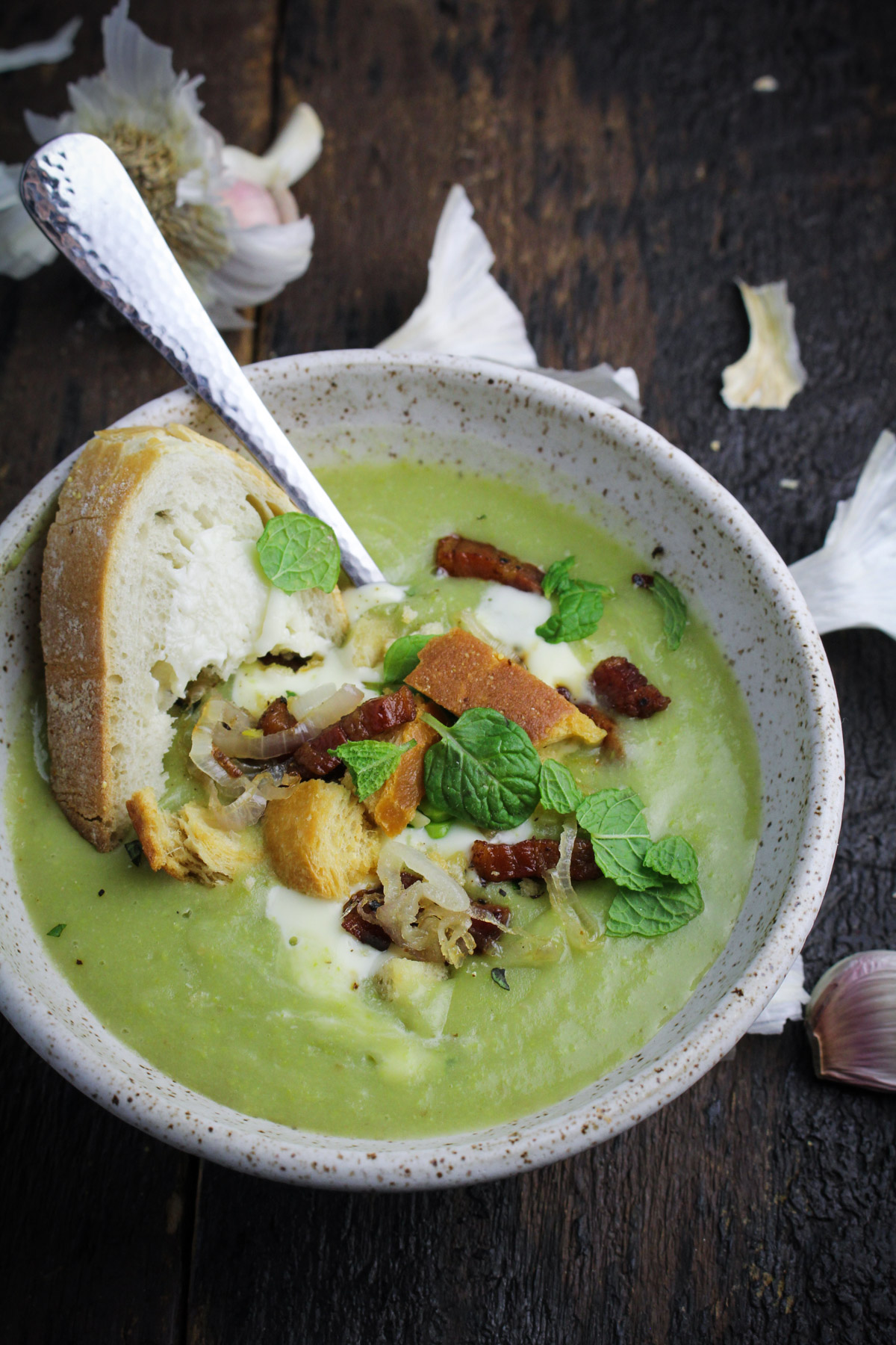 Fava Bean Soup with Mascarpone, Mint, and Pancetta {Katie at the Kitchen Door}