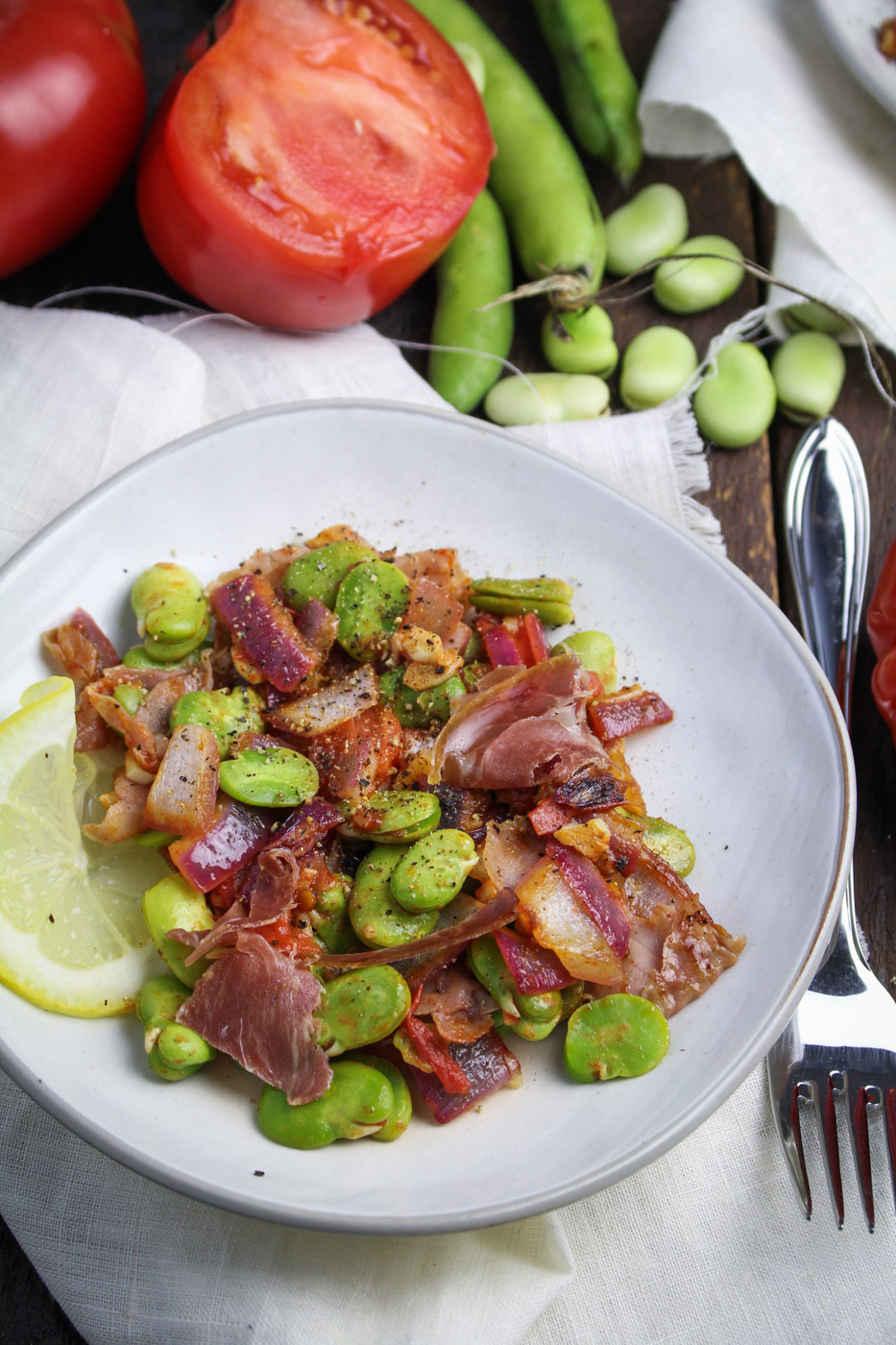 Spanish Fava Bean Salad with Tomatoes and Prosciutto {Katie at the Kitchen Door}
