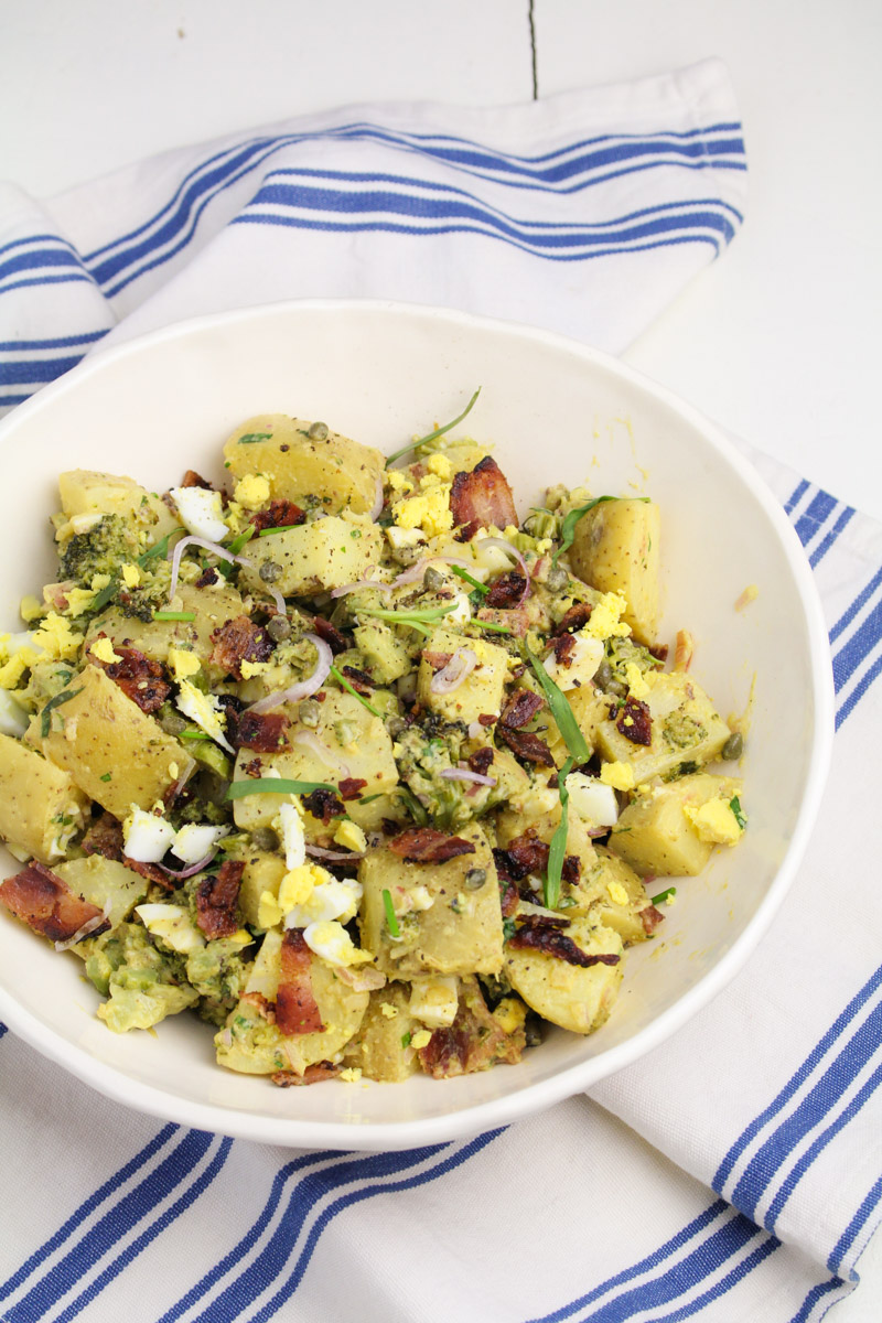 Potato Salad with Broccoli, Bacon, and Gribiche Dressing {Katie at the Kitchen Door}