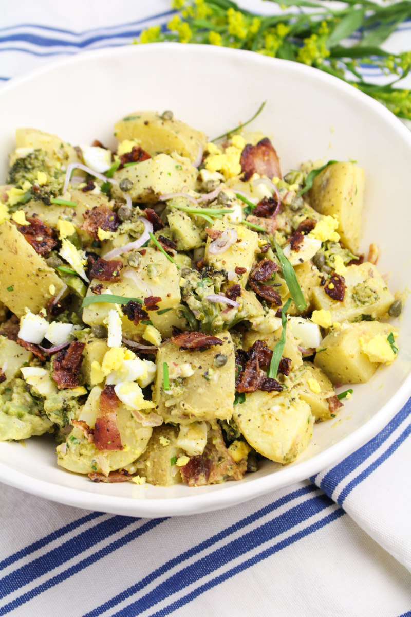 Potato Salad with Broccoli, Bacon, and Gribiche Dressing {Katie at the Kitchen Door}