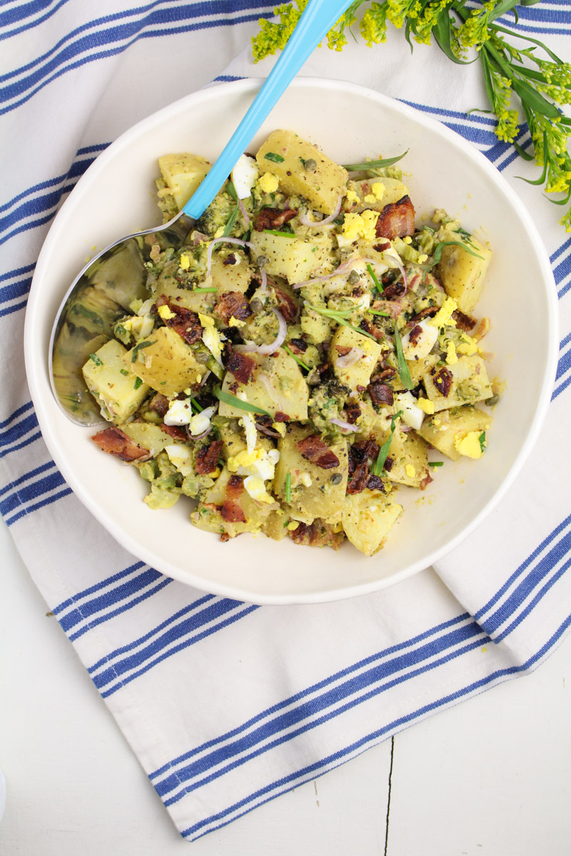 Potato Salad with Broccoli, Bacon, and Gribiche Dressing {Katie at the Kitchen Door}