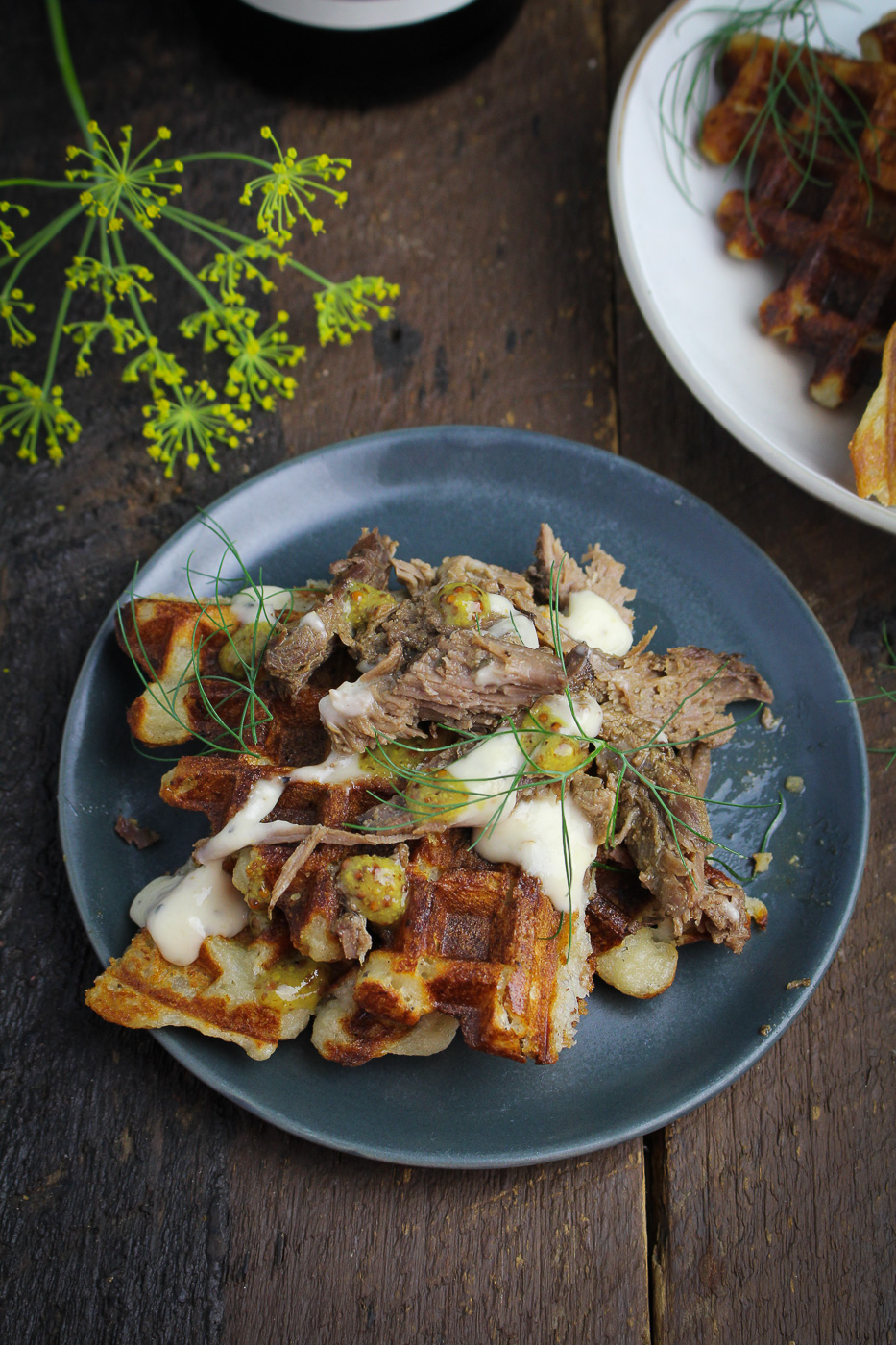 Mustard-Thyme Pulled Leg of Lamb on Mashed Potato Waffles {Katie at the Kitchen Door} - sponsored by La Crema Wines