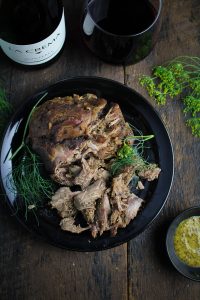 Mustard-Thyme Pulled Leg of Lamb {Katie at the Kitchen Door} - sponsored by La Crema Wines