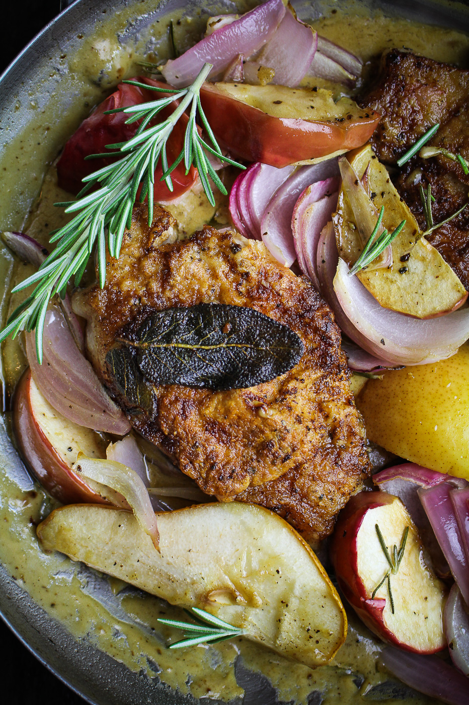 Pan-Fried Pork Chops with Roasted Apples and Pears {Katie at the Kitchen Door}