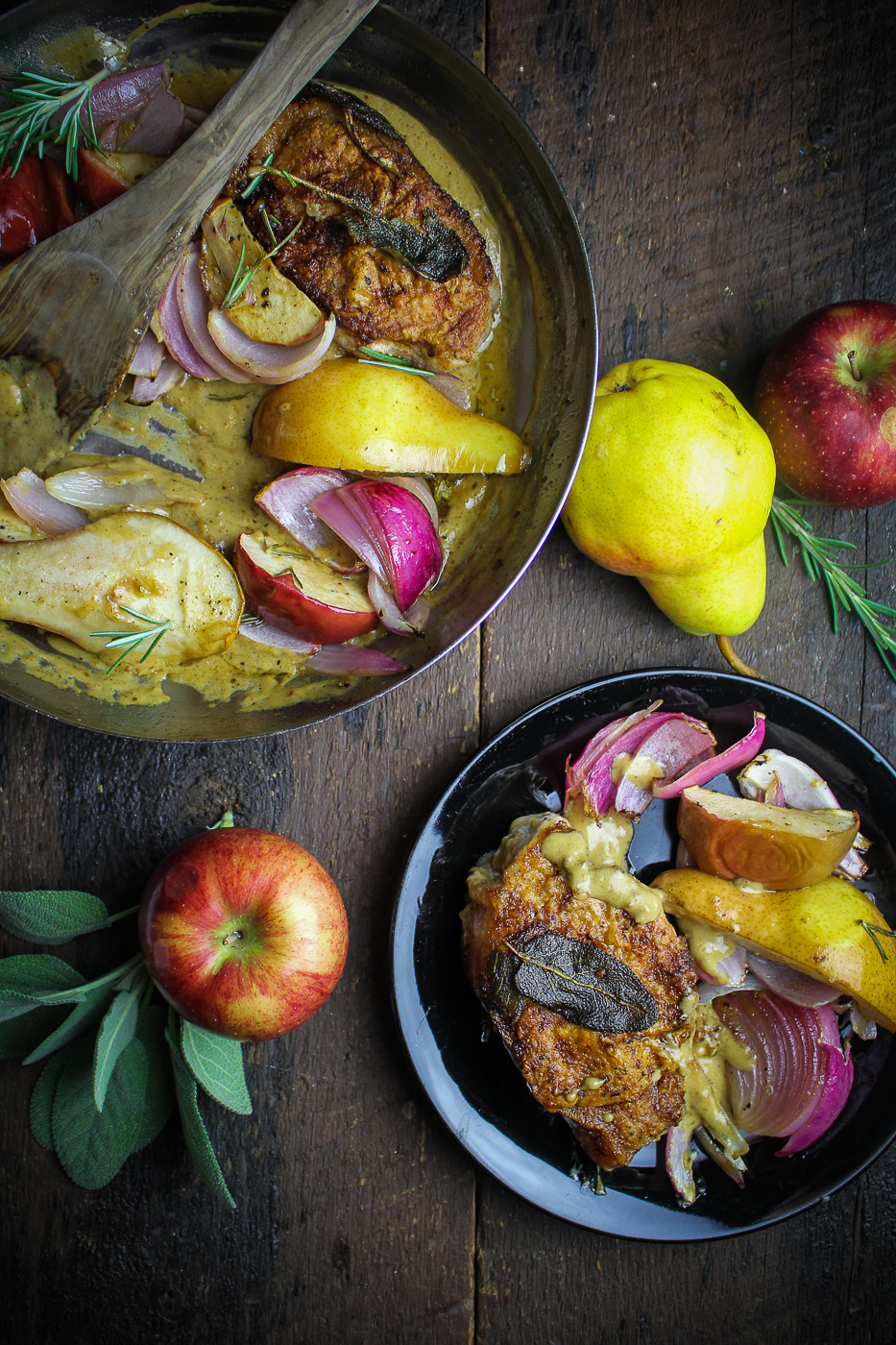 Pan-Fried Pork Chops with Roasted Apples and Pears {Katie at the Kitchen Door}