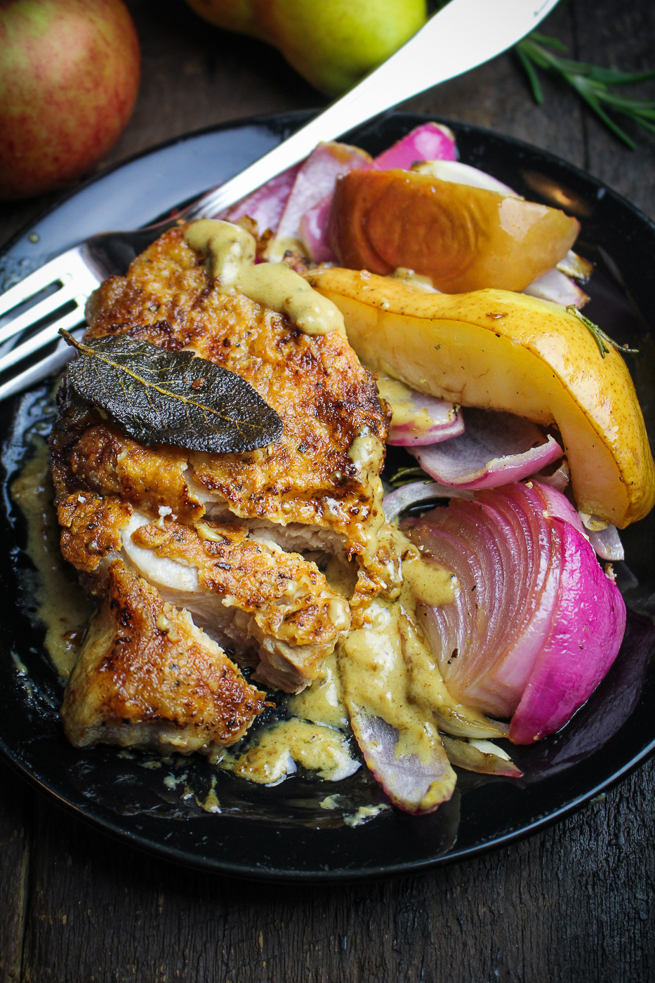 Pan-Fried Pork Chops with Roasted Apples and Pears {Katie at the Kitchen Door}