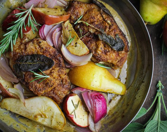 Pan-Fried Pork Chops with Roasted Apples and Pears {Katie at the Kitchen Door}