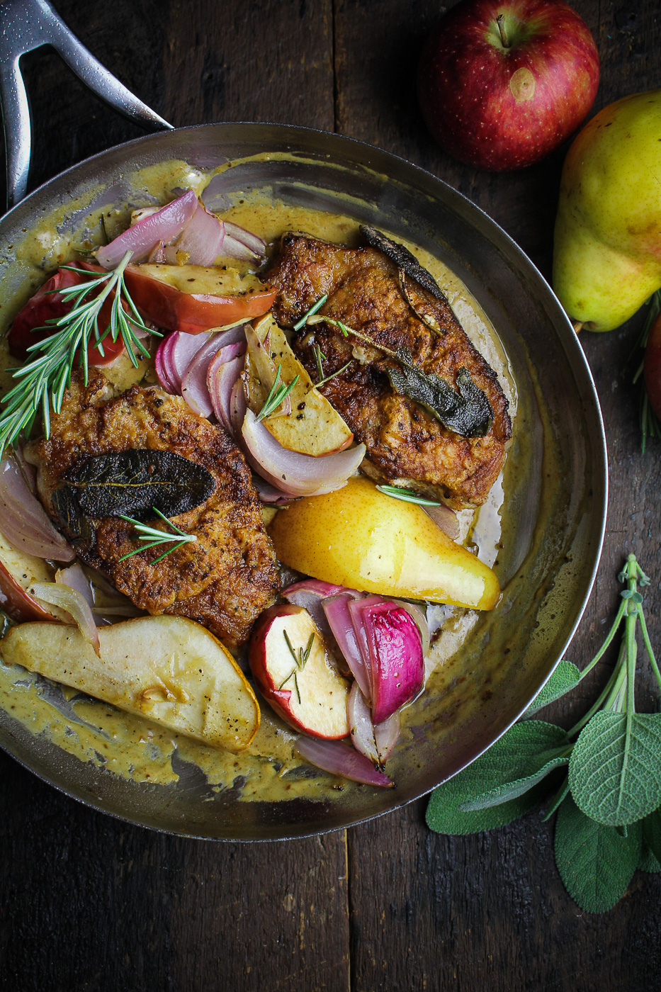 Pan-Fried Pork Chops with Roasted Apples and Pears {Katie at the Kitchen Door}