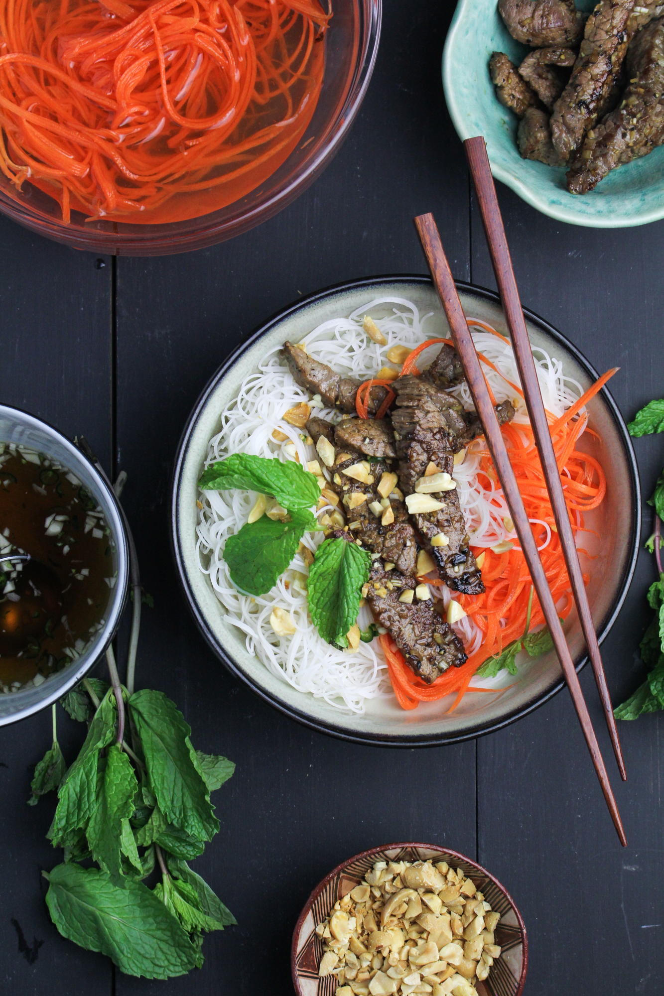 Bún Bò Xào - Vietnamese Rice Noodle Salad with Lemongrass Beef