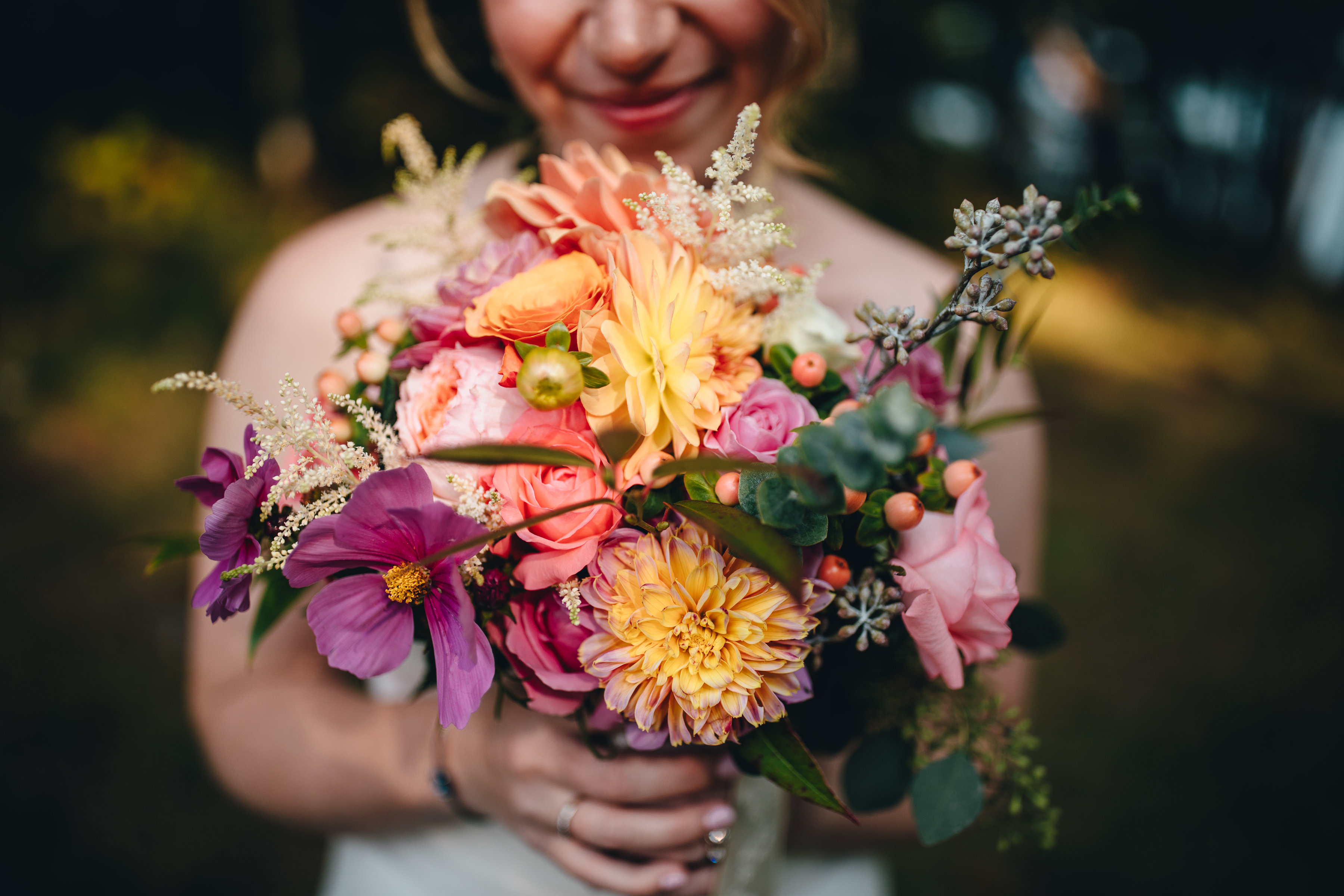 Our Wedding - Bouquet: dahlias, eucalyptus, astilbe, roses, hypericum {Katie at the Kitchen Door}
