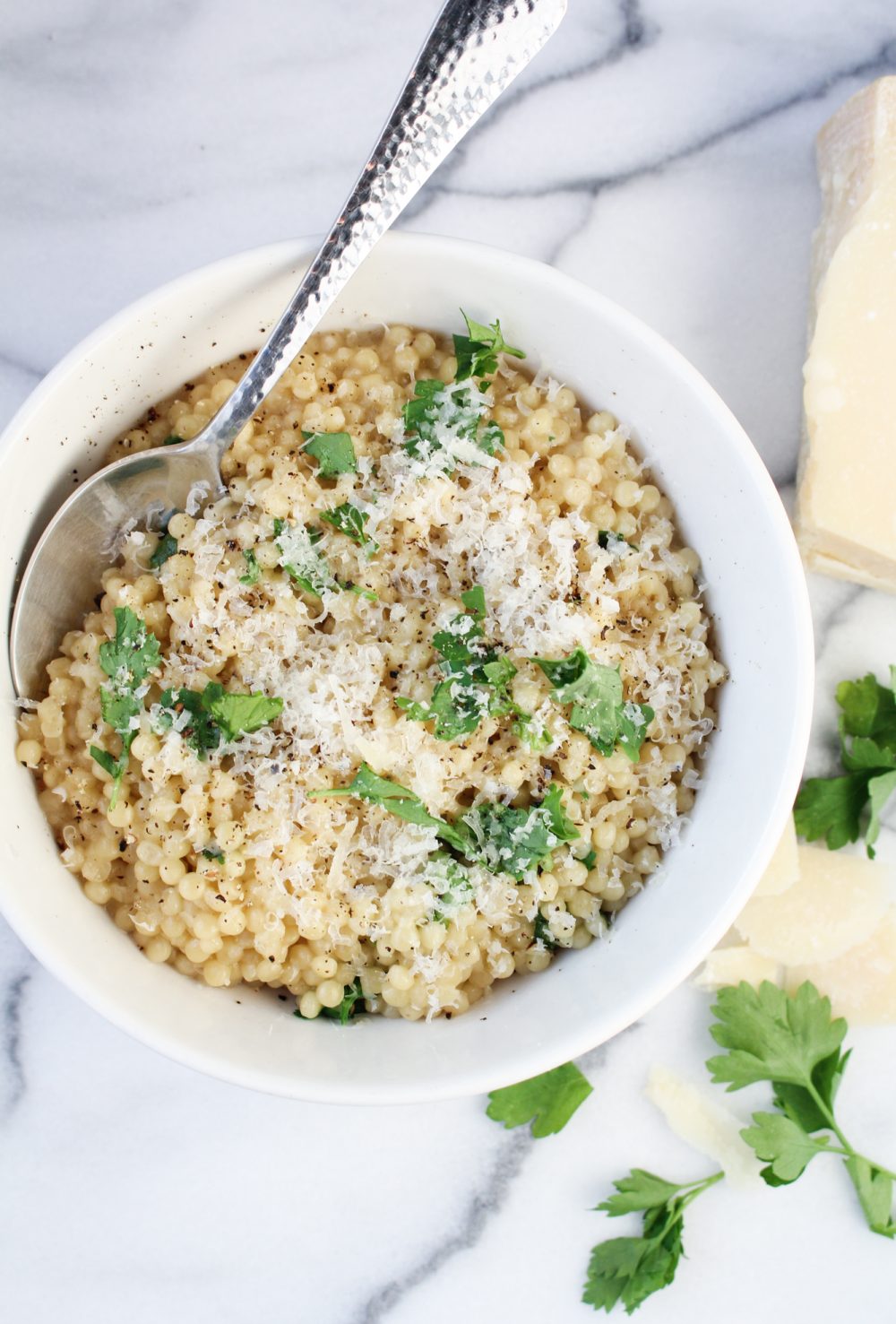 Israeli Couscous "Pastina" with Parmesan and Black Pepper {Katie at the Kitchen Door}