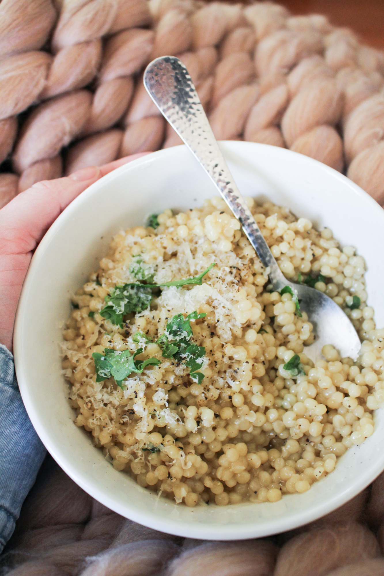 Israeli Couscous "Pastina" with Parmesan and Black Pepper {Katie at the Kitchen Door}