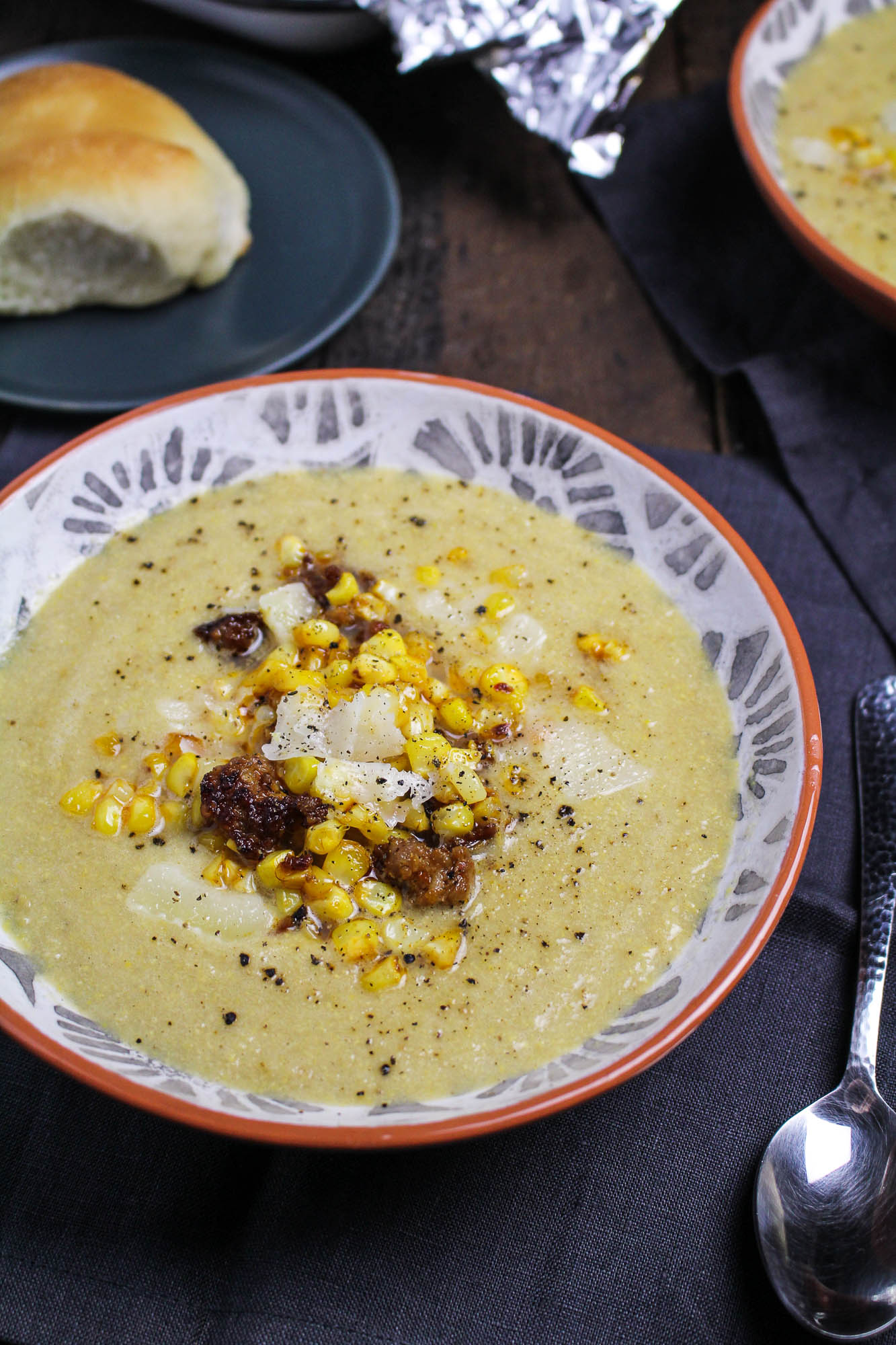 Summer Goodbye // Harissa-Butter Roasted Corn Soup with Chorizo - Katie ...