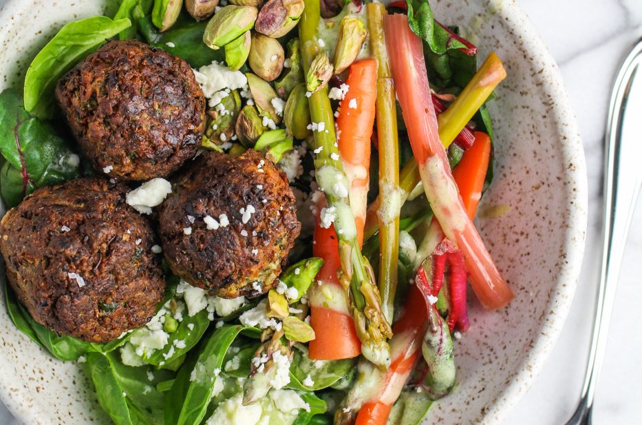 Spring Falafel Salad - with Carrot and Asparagus Pickles, Feta Cheese, Pistachios, and Herb Aioli {Katie at the Kitchen Door}