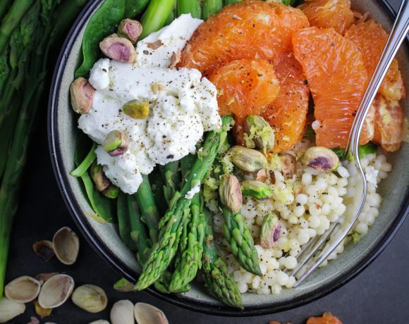 Lemony Israeli Couscous with Asparagus, Oranges, and Goat Cheese {Katie at the Kitchen Door}