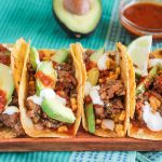 Corn and Chorizo Tacos with Avocado, Cheddar, Sour Cream and Salsa {Katie at the Kitchen Door}