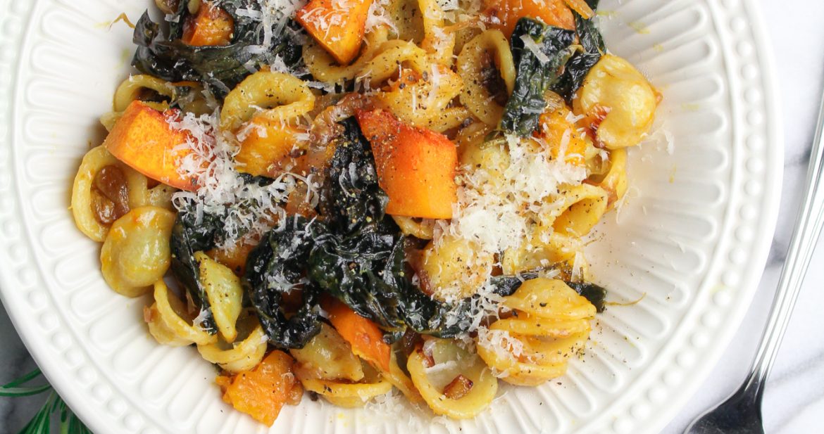 Winter Pasta with Slow-Cooked Kale, Kabocha Squash, and Golden Raisins