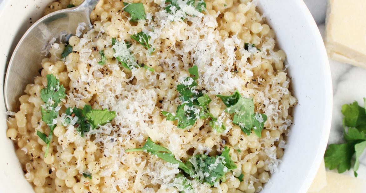 Israeli Couscous "Pastina" with Parmesan and Black Pepper {Katie at the Kitchen Door}